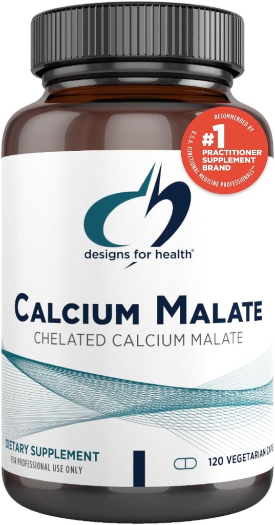 Designs for Health Calcium Malate - 500mg Calcium Malate Chelate + Vitamine D (D3) Supplément de soutien os pour les femmes + hommes - Non-OGM (120 capsules)