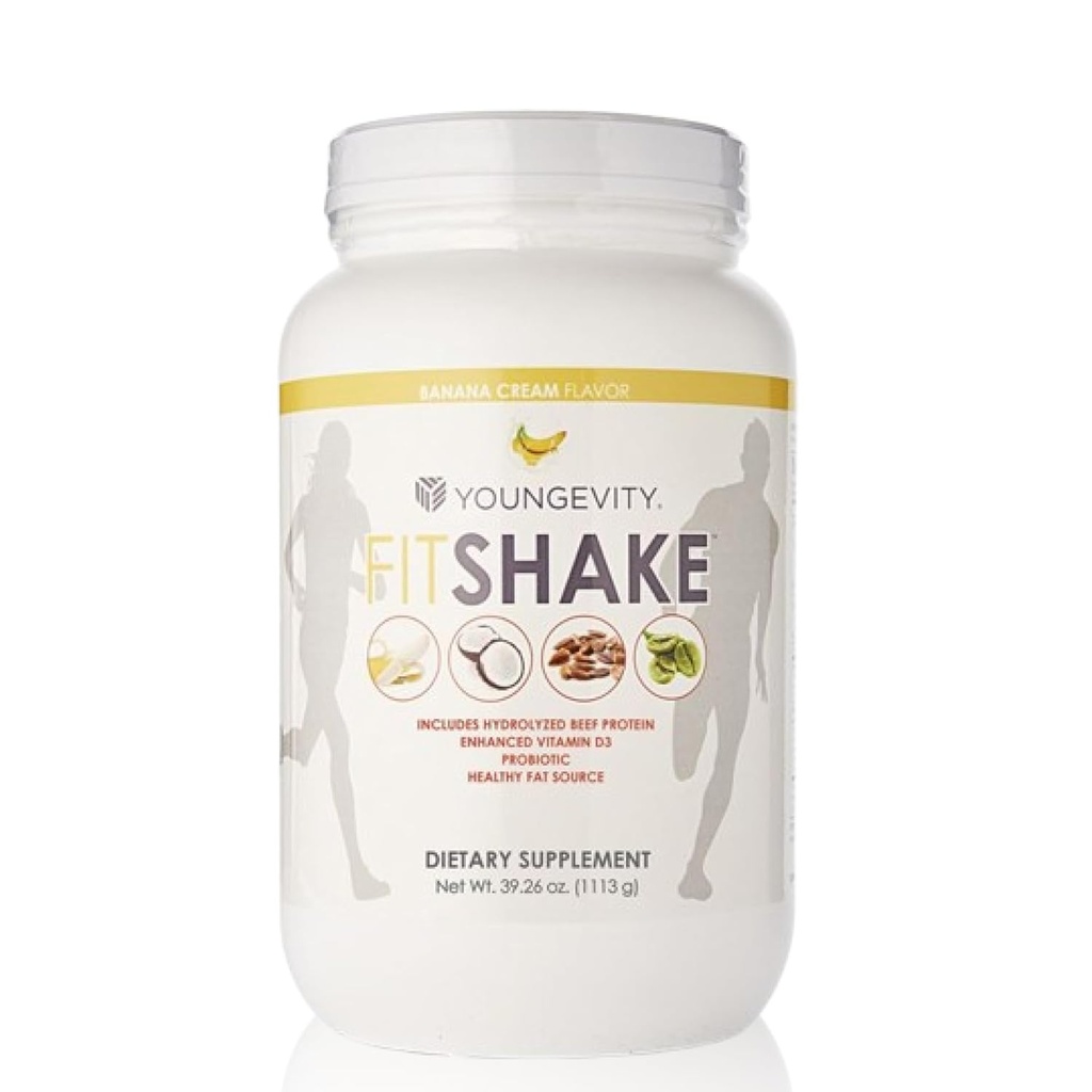 Youngevity FitShakeTM Crème de bananes 20g Gut-friendly Protein.Électrolytes, minéraux, collagène, gélatine, vitamine D, probiotiques et plus.