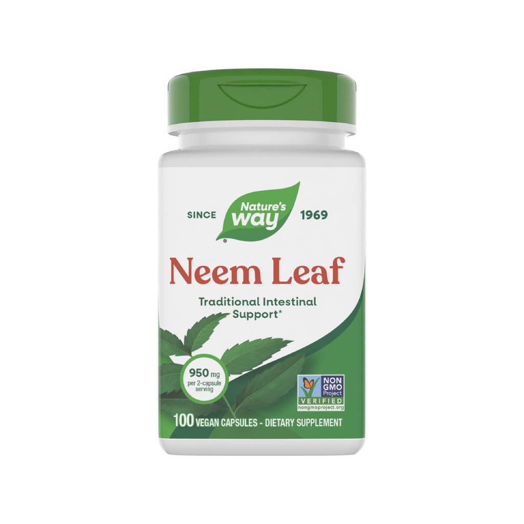 Nature's Way Neem Leaf Capsules, soutien intestinal traditionnel*, utilisé en Ayurveda, 950 mg par portion de 2 capsules, projet non-OGM vérifié, végétalien, 100 comte (paquetage May Vary)