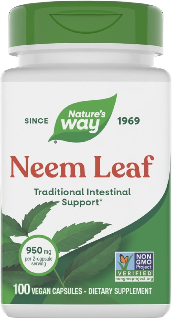 Nature's Way Neem Leaf Capsules, soutien intestinal traditionnel*, utilisé en Ayurveda, 950 mg par portion de 2 capsules, projet non-OGM vérifié, végétalien, 100 comte (paquetage May Vary)