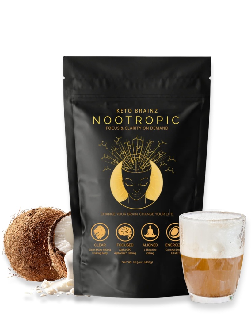 Keto Brainz C8MCT Nootrope basé - avec 500mg Lion Mane Champignon, AlphaGPC et L-Theanine C'est l'Ultime Facile à utiliser Stack Nootropic & Makes Delicious Mushroom Café! 16oz. 30 Services