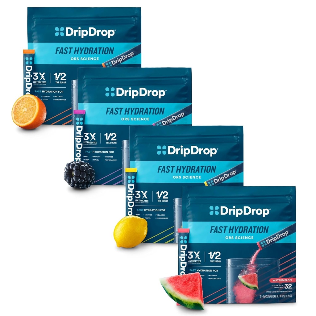 DripDrop Hydratation - Paquets de poudre d'électrolyte - pastèque, baie, citron, orange - Gamme de variétés de valeur - 128 Compte