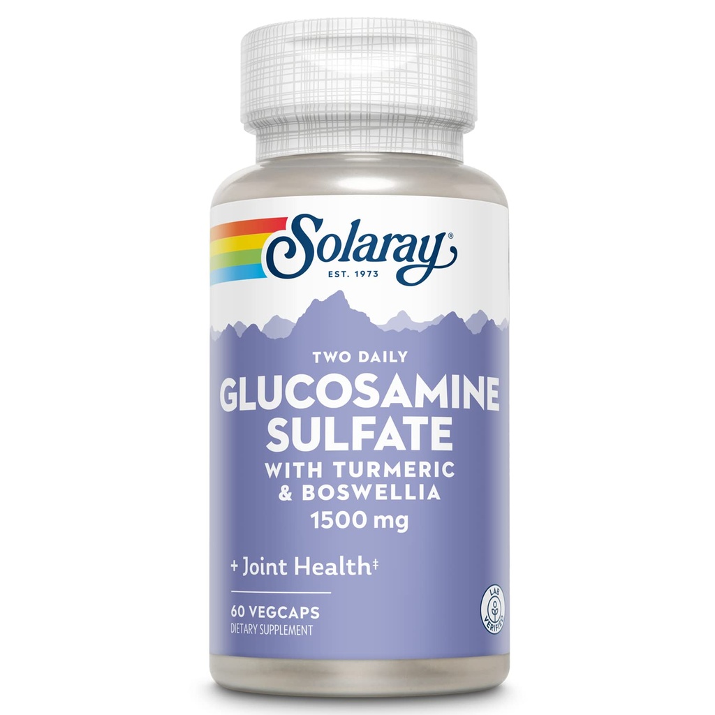 SOLARAY Sulfate de glucosamine 1500mg, supplément de soutien conjoint sain, tissu conjonctif puissant et formule de santé conjointe avec curcuma et boswellie, garantie de remboursement de 60 jours, 30 Serv, 60 VegCaps