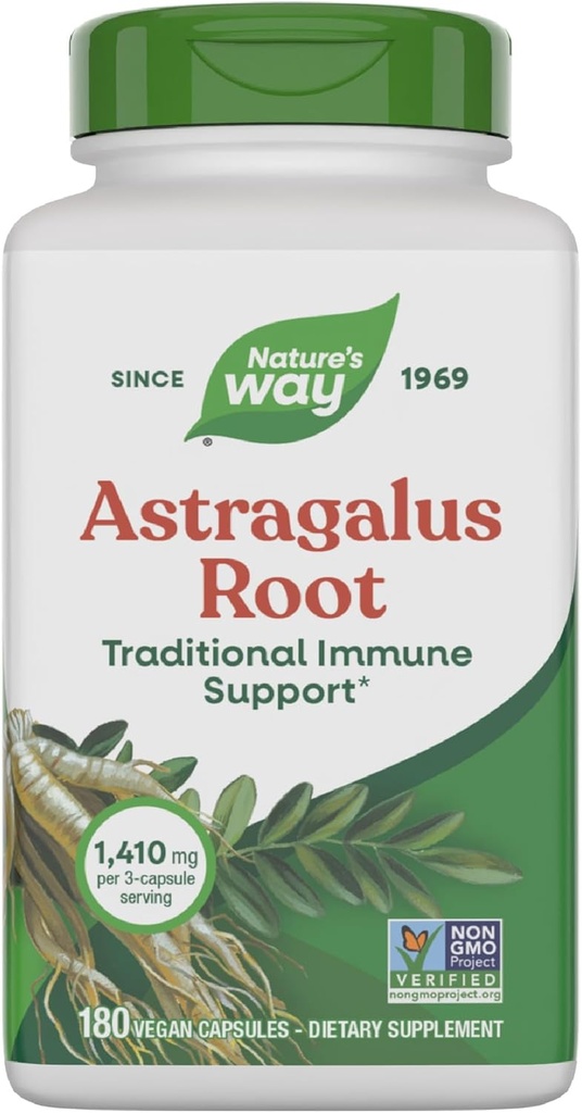 Nature's Way Astragalus Racine, soutien immunitaire traditionnel*, 1,410 mg par portion de 3 capsules, projet non OGM vérifié, végan 180 capsules (paquetage mai vary)