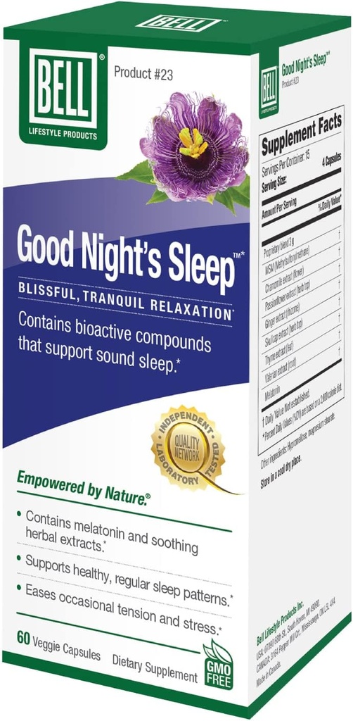 Bell Lifestyle Bonne nuit de sommeil - Soutien de sommeil naturel avec la mélatonine et les extraits de plantes, soutient la relaxation et les modèles de sommeil, 60 capsules de légumes
