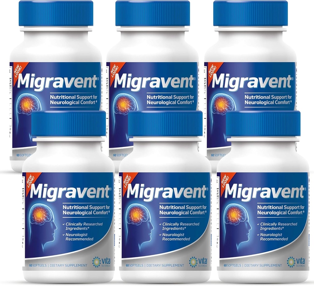 Vita Sciences Migravent Supplément de soulagement de la migraine avec Vitamine B2, Riboflavine, Magnésium, Coenzyme CoQ10, Butterbur sans PA, Biopérine, Extraits d'herbes premium (60 Nombre (paquet de 6)