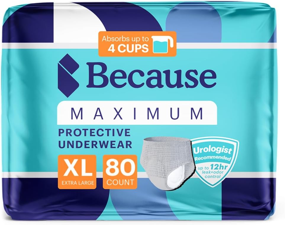 Parce que les sous-vêtements d'incontinence maximum pour les hommes - Protection contre les fuites lourdes Bladder, Idéal pour les fuites nocturnes, Sleek, Invisible Fit, Gris, XLarge - Absorbe 4 tasses - 80 Compte (4 packs de 20)