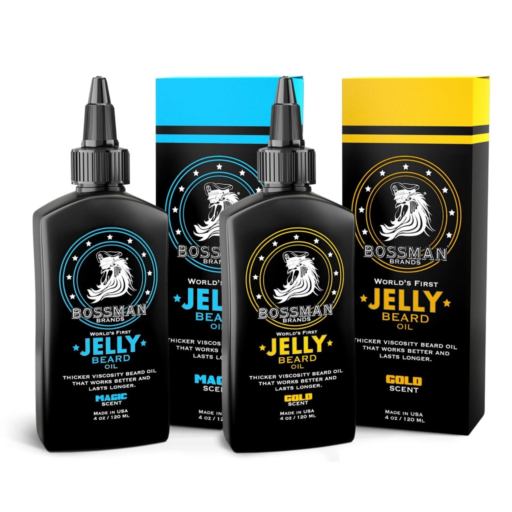 Bossman Oil Jelly Kit (2 Scents) - Adoucisseur de croissance de la barbe, Gel de lotion hydratant avec ingrédients naturels - Produit de culture de la barbe (Scents magiques et dorés)
