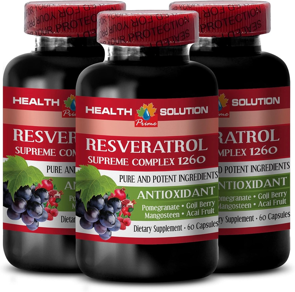 Amplifiez votre étamine naturelle - RESVERATROL SUPREME COMPLEX - Extrait de resvératrol avec Goji Berry, Acai, Noni, Pomégranate, Mangosteen, Superfruit Blend, Antioxydant, Immmune Support, 3 bouchons Bot 180
