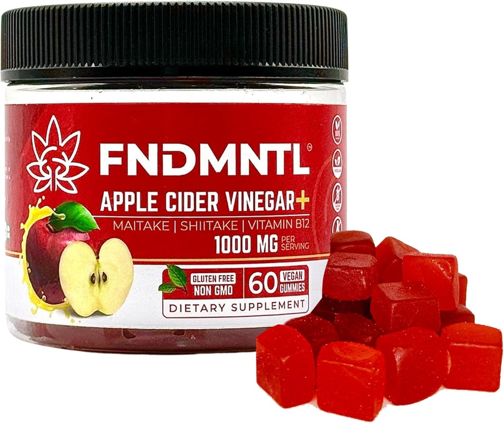FNDMNTL Apple Cider Vinegar Gummies | Maitake, Shitake, Vitamin B12 | 1000 mg | 60 Count | Gelatin-Free, Gluten-Free, Vegan & Non-GMO