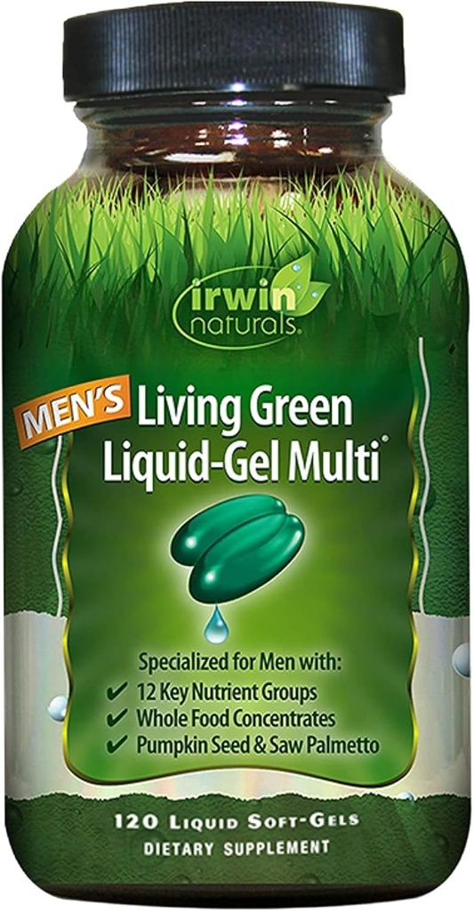 Irwin Naturals Les hommes vivent vert liquide-gel Multi - 70 nutriments essentiels, vitamines à spectrum complet, mélange de nourriture entière - Adrenal ciblé et soutien du cerveau - 120 softgels liquides