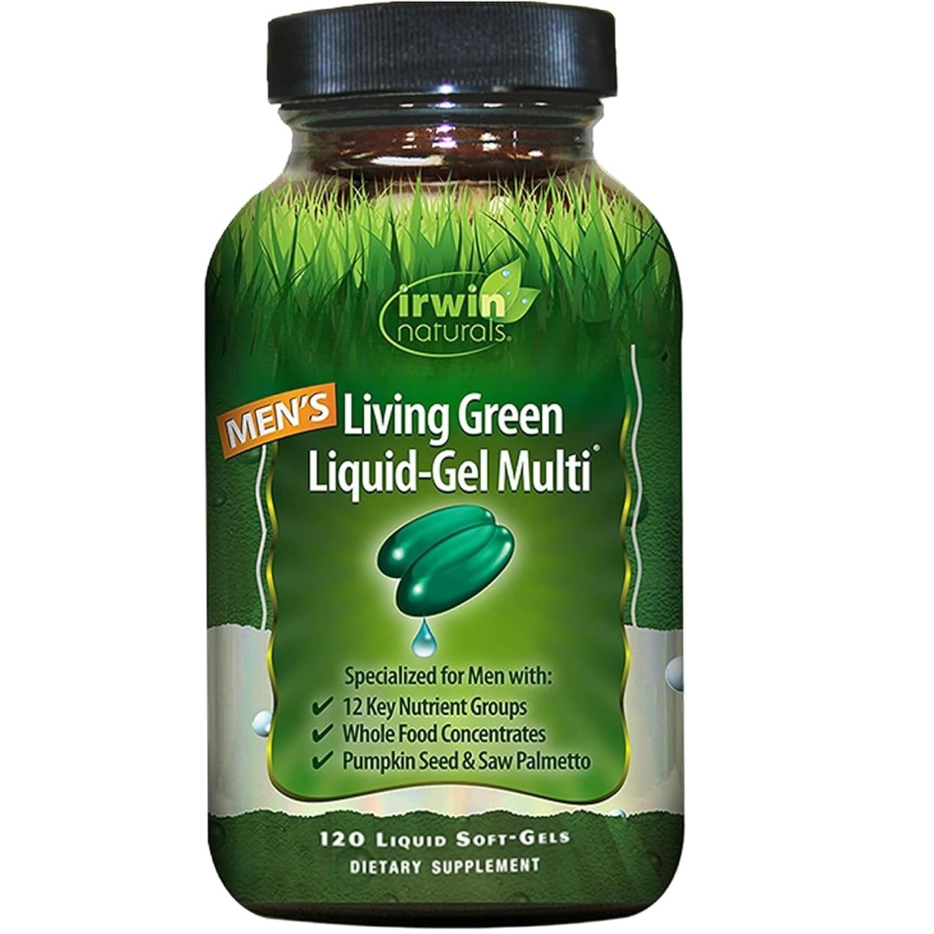 Irwin Naturals Les hommes vivent vert liquide-gel Multi - 70 nutriments essentiels, vitamines à spectrum complet, mélange de nourriture entière - Adrenal ciblé et soutien du cerveau - 120 softgels liquides