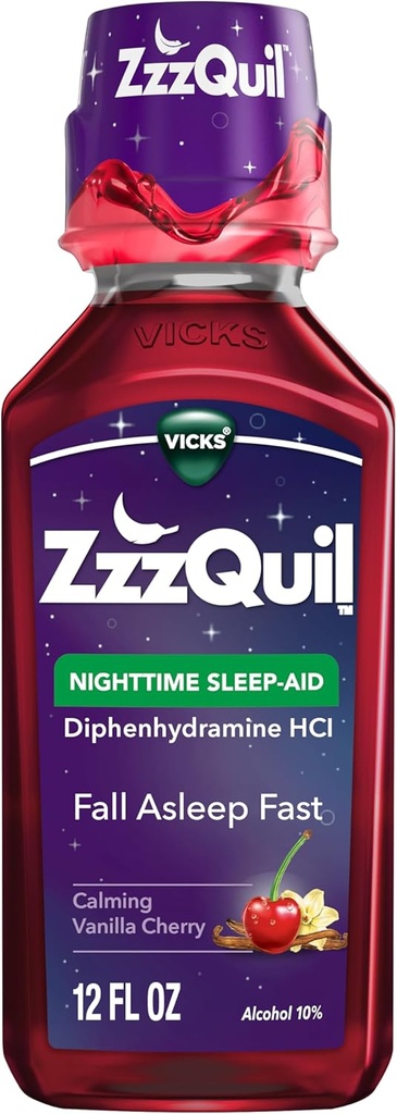 ZzzQuil, liquide d'aide au sommeil nocturne, 50 mg de Diphenhydramine HCl, marque d'aide au sommeil no 1, assommeil d'automne rapide, formation non gazeuse, cerise de vanille calmante, 12 FL OZ