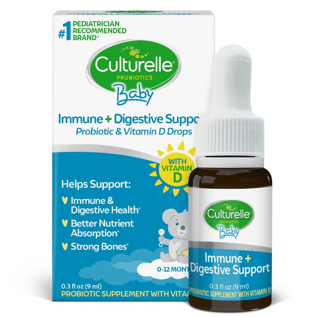 Culturelle Baby Probiotic Drops + Vitamine D, Immune & Digestive Health Support pour bébés, nourrissons et nouveau-nés 0-12 mois, 30 jours d'approvisionnement, sans gluten et sans OGM, 9ml