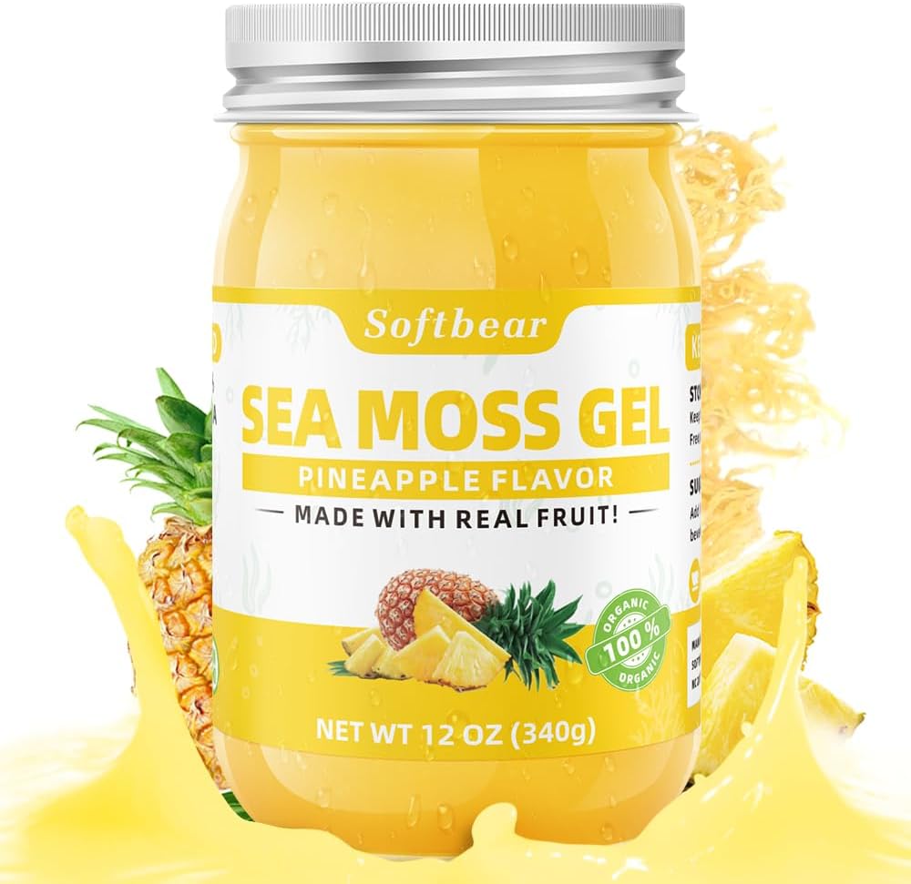 softbear Sea Moss Gel Ananas Aromatisé 12 OZ - Wildcrafted Irish Sea Moss Gel Organic Raw 92 Minéraux et vitamines Non-OGM Sans gluten Suppléments végétaliens Imune Thyroïde Soutien digestif