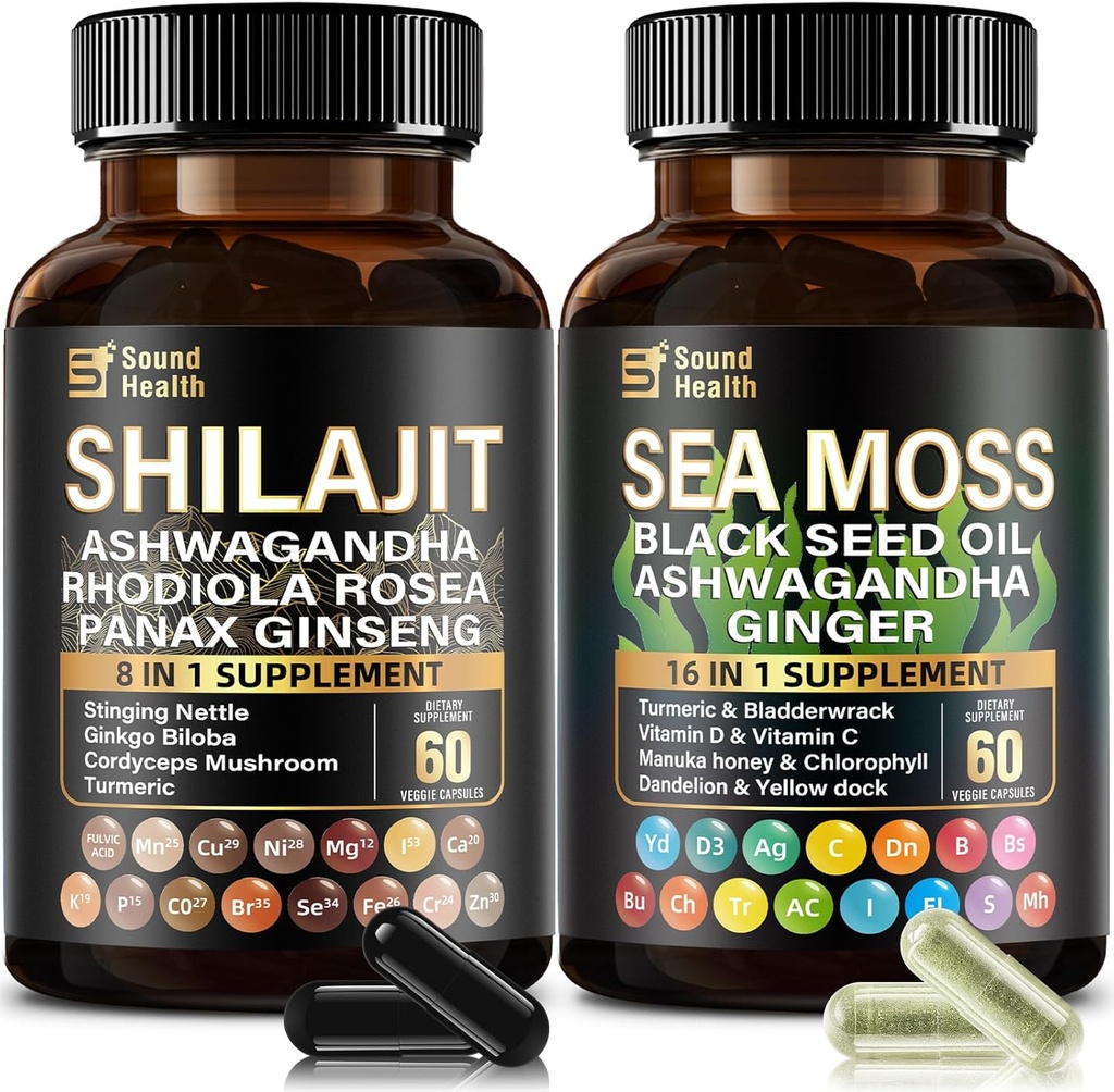 SoundHealth Irish Sea Moss & Shilajit Capsule Bundle pour hommes et femmes, Troisième partie testée, non-OGM, Easy-Swallow & Vegan 120 Capsules
