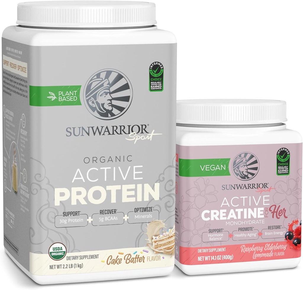Sunwarrior Poudre Vegan Protéine USDA Organique , 20 portions, Cake Batter Aromatisé et poudre monohydratée de créatine pour elle , 50 portions micronisées, Lémonade de framboise aromatisée