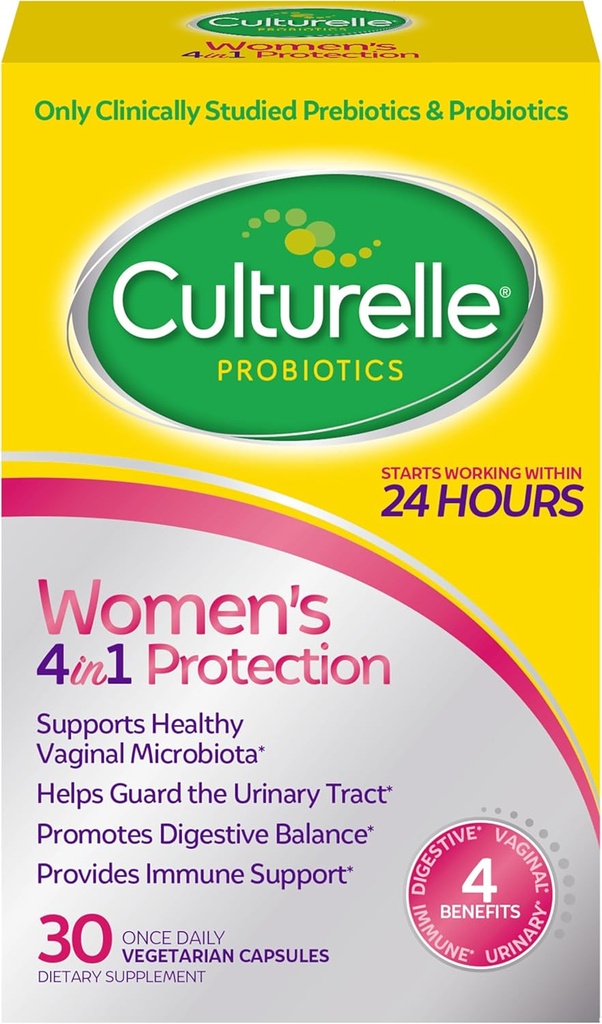 Culturelle 4-en-1 Probiotiques pour les femmes, probiotiques quotidiens et suppléments prébiotiques pour soutenir la santé vaginale, la santé digestive, la santé immunitaire, la diarrhée occasionnelle, le gaz et le dégel, non-OGM, 30 Nombre