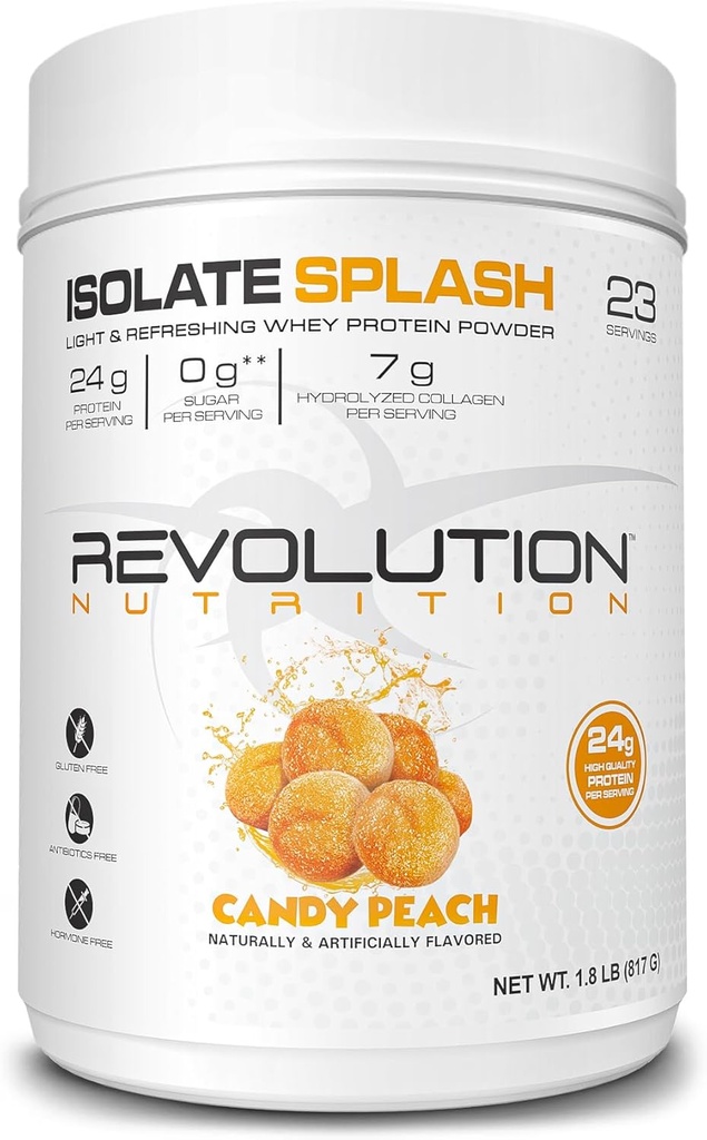 Revolution Nutrition, Isolate Splash, Poudre de protéines de lactosérum clair, Protéines de type jus, Arôme de bonbons, Collagène, 24g de protéines par scoop, Zéro sucre, 817g, 23 portions (Candy Peach, 1,8 livre)