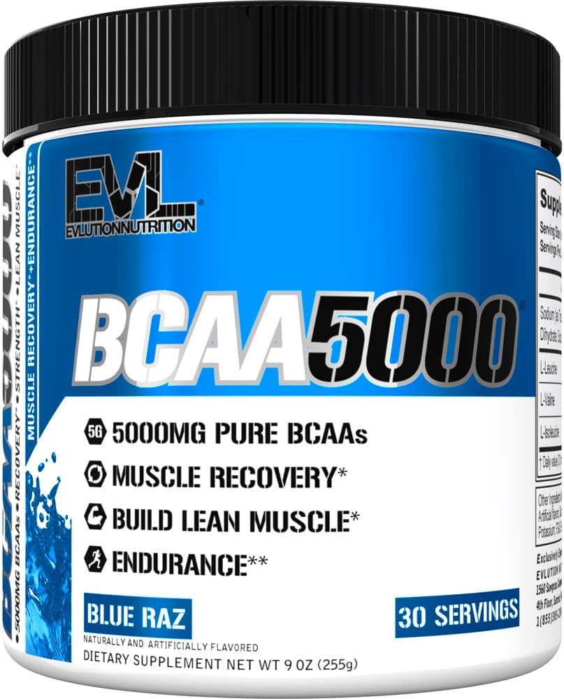 Evluution EVL BCAAs Amino Acides Poudre - BCAA Poudre après l'entraînement Recovery Drink and Stim Free Pre Workout Energy - 5g Branched Chain Amino Acides Supplément pour les hommes - Blue Raz