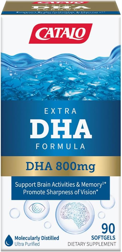 Formule extra DHA de CATALO, 800mg DHA par service, softgels d'huile de poisson de l'océan avec saveur de citron naturel, distillation moléculaire avancée, facile à avaler, pas de couleurs artificielles et conservateurs – 90 Softgels