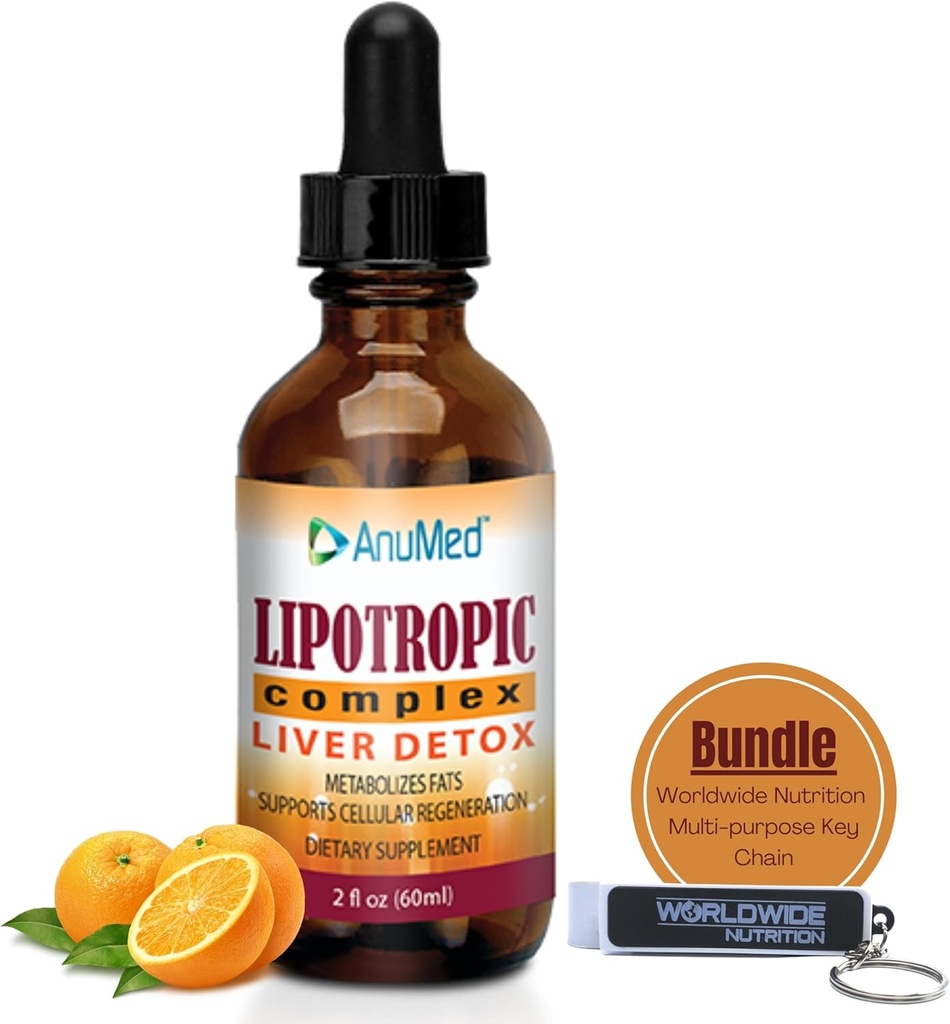 Ensemble nutritionnel mondial : Complexe lipotropique anumé - acide folique, vitamine B12, vitamine B6 - non OGM, sans gluten, gouttes lipotropiques de 2 oz faciles à utiliser avec chaîne à clés multi-usages