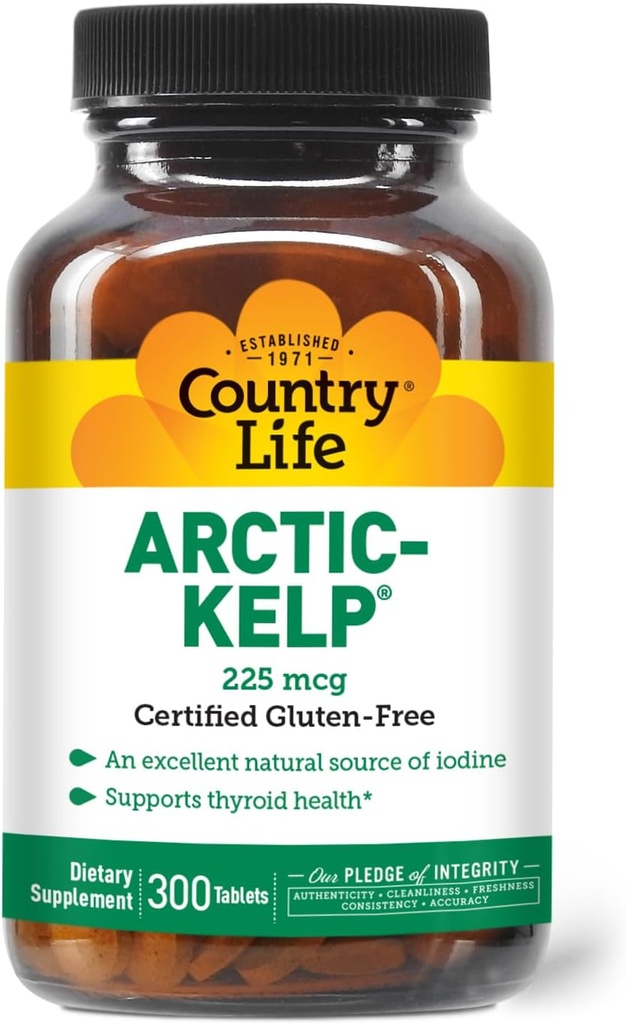Country Life Arctic-Kelp – Natural Iodine Supplement for Thyroid and Immune Support – Vegan, Gluten-Free, 225 mcg – Ideal for Thyroid Health, Hypothyroidism, and Adrenal Support, 300 Tablets