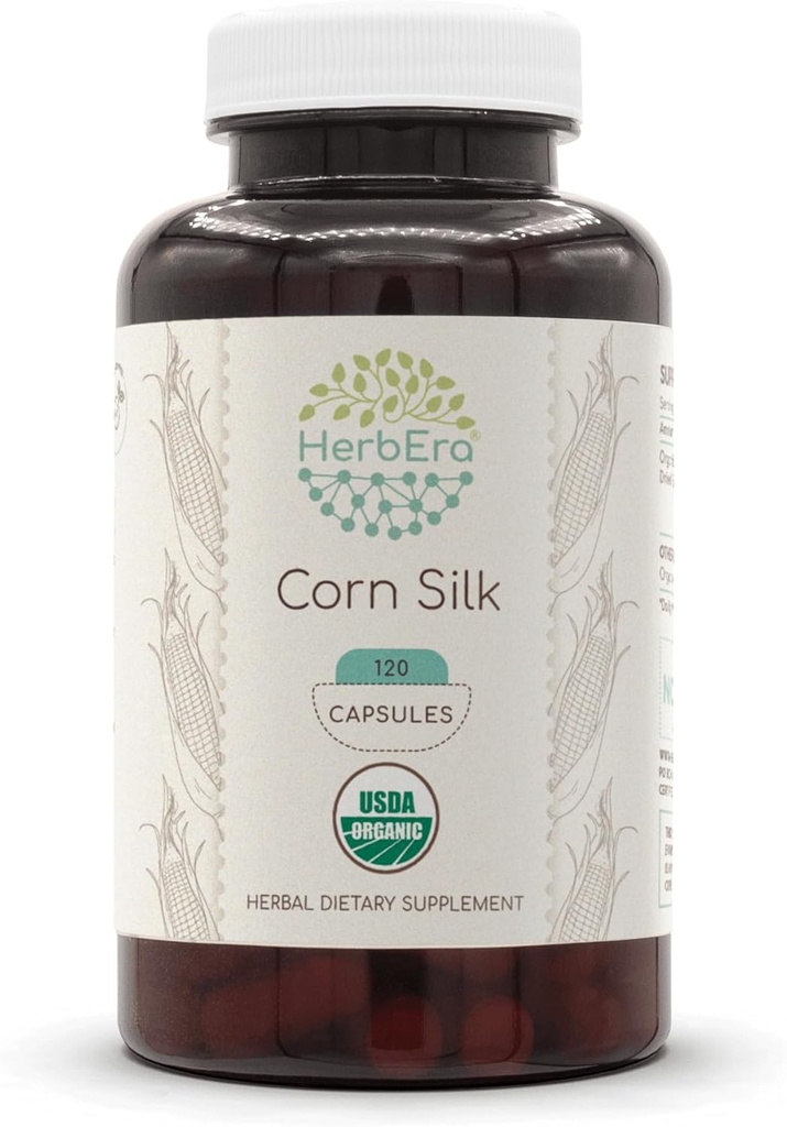 HerbEra Corn Silk USDA Organic 120 Capsules | Natural Herbal Supplement | Certified Organic Vegetarian Capsules and Organic Corn Silk (Zea Mays) Dried Silk (120 Capsules)
