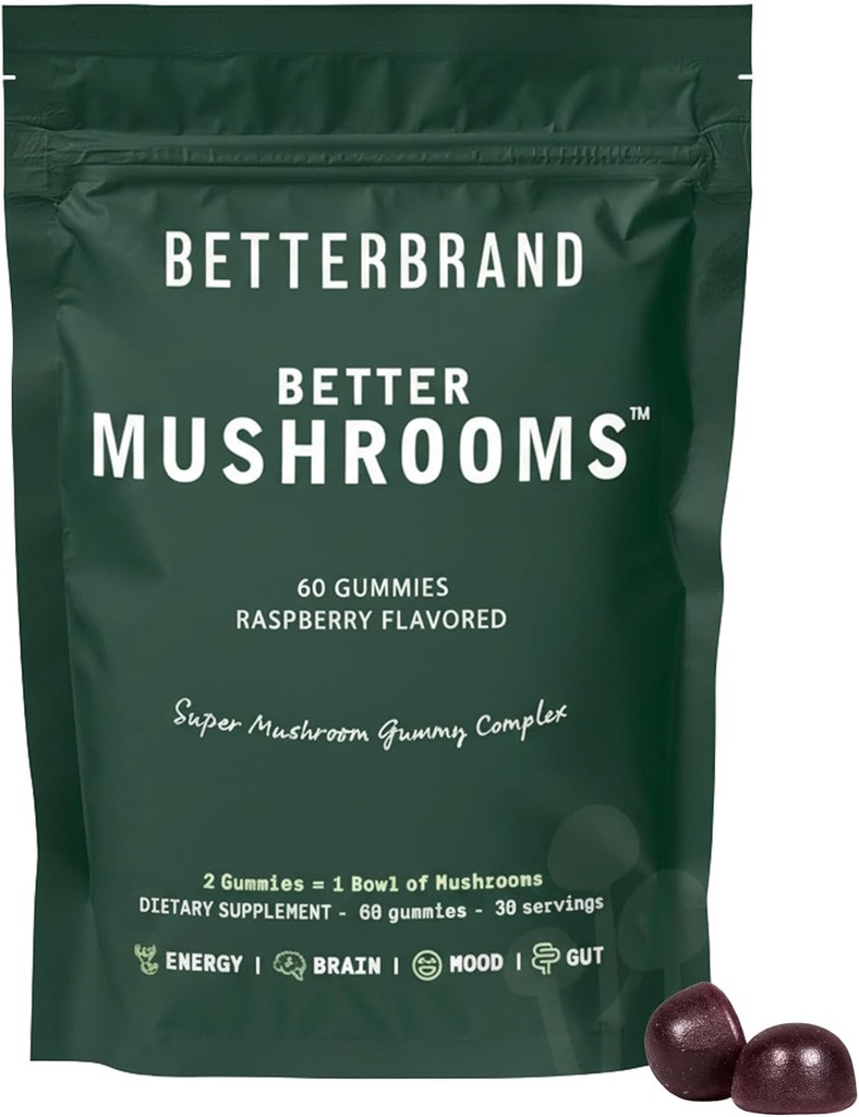 Betterbrand BetterMushrooms Gommies Nootropiques - Soutient une meilleure santé, une meilleure fonction cognitive, une clarté mentale avec 10 champignons fonctionnels - 60 Gommies - Arôme de framboise - Pack de 1