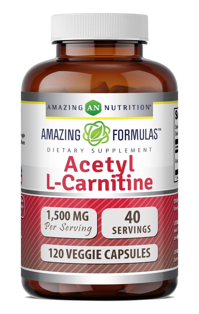 Formules étonnantes Supplément Acétyl L-Carnitine Hcl : 500 Mg par portion 120 Capsules Veggie : Supplément non-OGM : sans gluten Fabriqué aux États-Unis