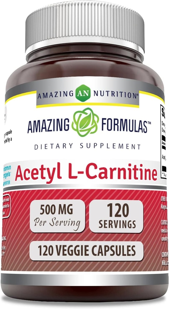 Formules étonnantes Supplément Acétyl L-Carnitine Hcl : 500 Mg par portion 120 Capsules Veggie : Supplément non-OGM : sans gluten Fabriqué aux États-Unis