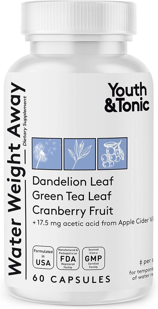 Youth & Tonic Natural Water Weight Away – Pills à base de plantes diurétiques pour le soufflage, la rétention d'eau et l'houle Support pour les femmes et les hommes – 60 Caps avec Dandelion, Potassium, Thé vert et vinaigre de cidre de pomme