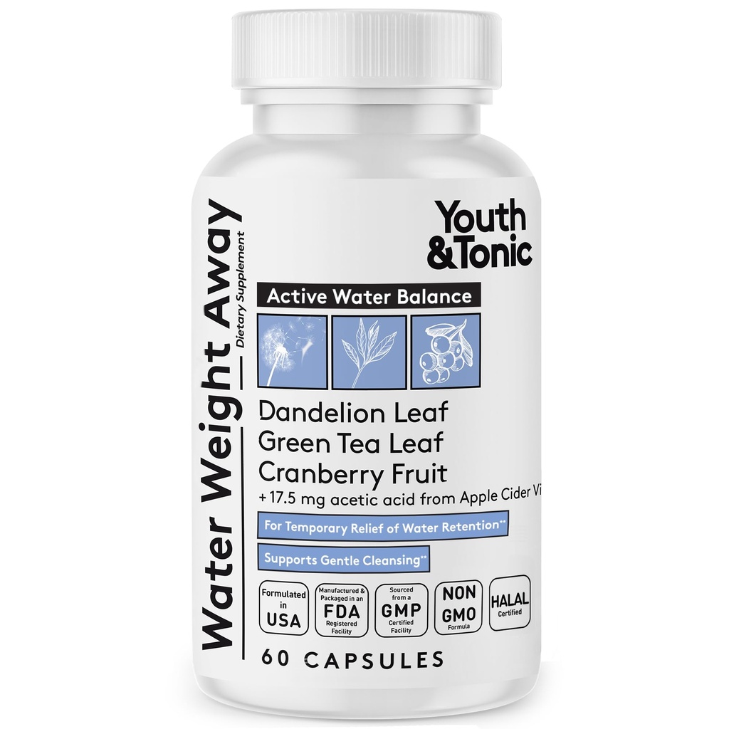 Youth & Tonic Natural Water Weight Away – Pills à base de plantes diurétiques pour le soufflage, la rétention d'eau et l'houle Support pour les femmes et les hommes – 60 Caps avec Dandelion, Potassium, Thé vert et vinaigre de cidre de pomme
