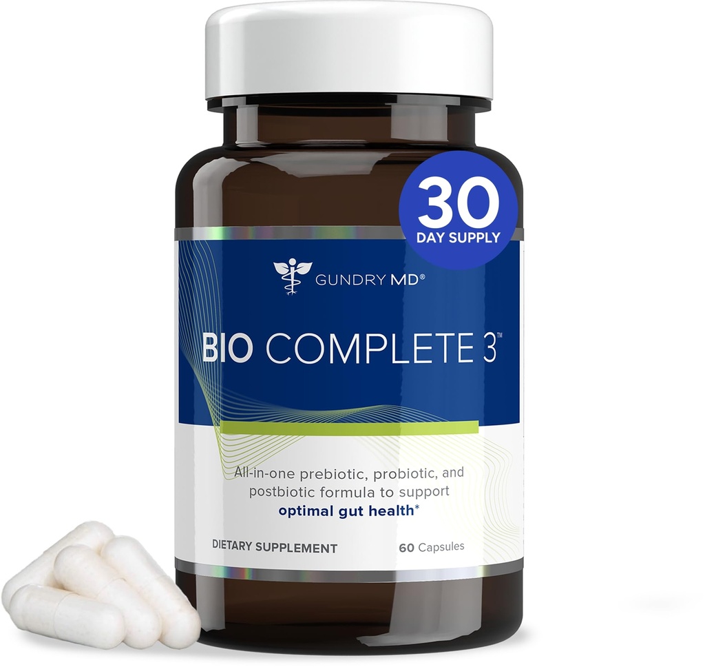 Gundry MD® Bio Complete 3, 3-en-1 Probiotiques pour la santé des Guts, Suppléments probiotiques pour la digestion, Suppléments pour le soufflage, Gaz, Cravates alimentaires, Niveaux d'énergie, Peau et Focus, 30 jours d'approvisionnement