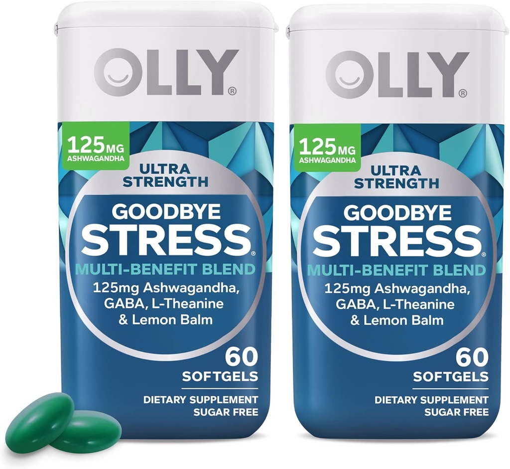 OLLY Ultra Strength Au revoir Stress Softgels Twin Pack, GABA, Ashwagandha, L-Theanine et Lemon Baume, Supplément de soulagement du stress - 120 Comte