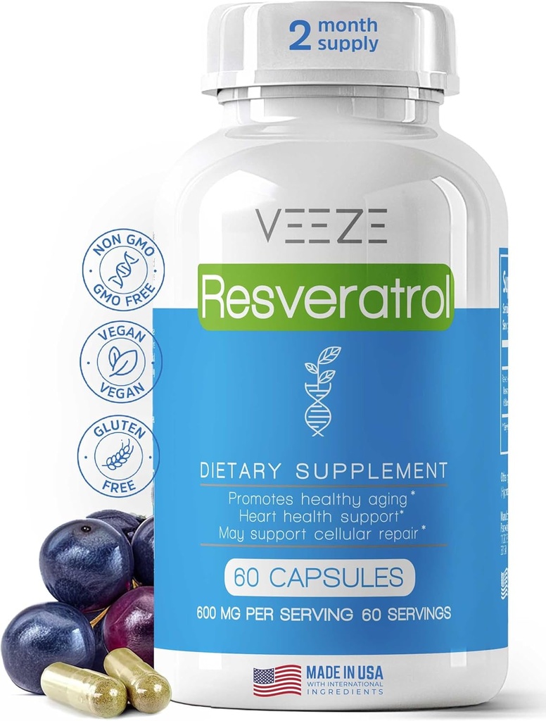 Supplément de resvératrol VEEZE 600mg 60 Capsules et 60 portions - Fabriqué aux États-Unis Resvératrol naturel et biologique - Riche en antioxydants et en resvératrol trans pour le bien-être - Resvératrol biologique Premium