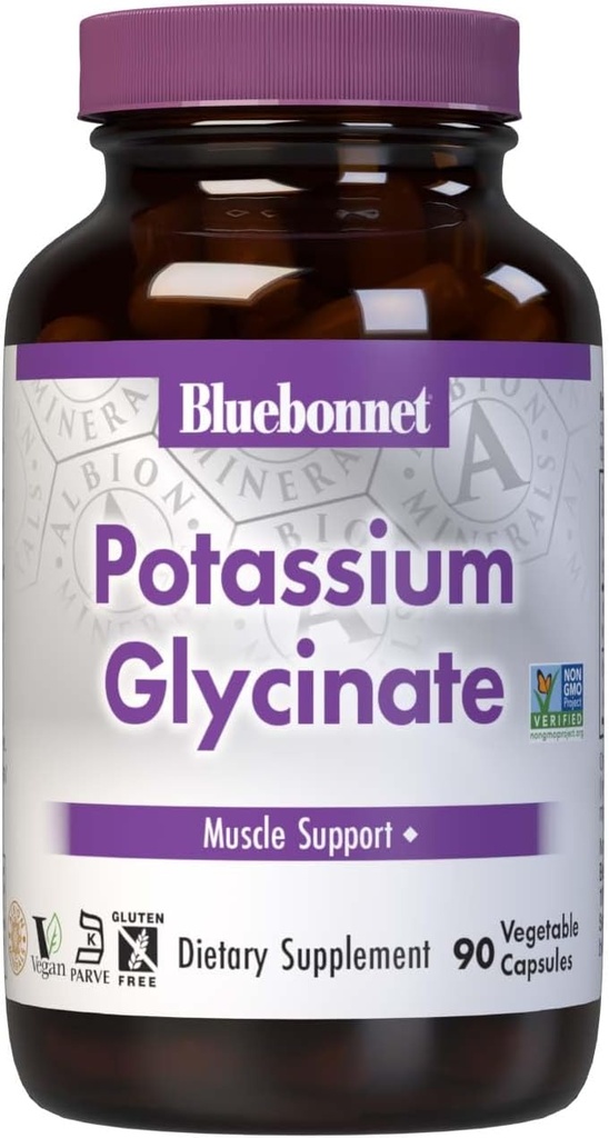 Bluebonnet Potassium Supplement 99 mg Albion Glycinat Complex - Electrolyte Balance, Muscle Strength & Recovery Mineral Support for Women & Men* - Non-OGM, végétalien, sans gluten - 90 capsules végétales