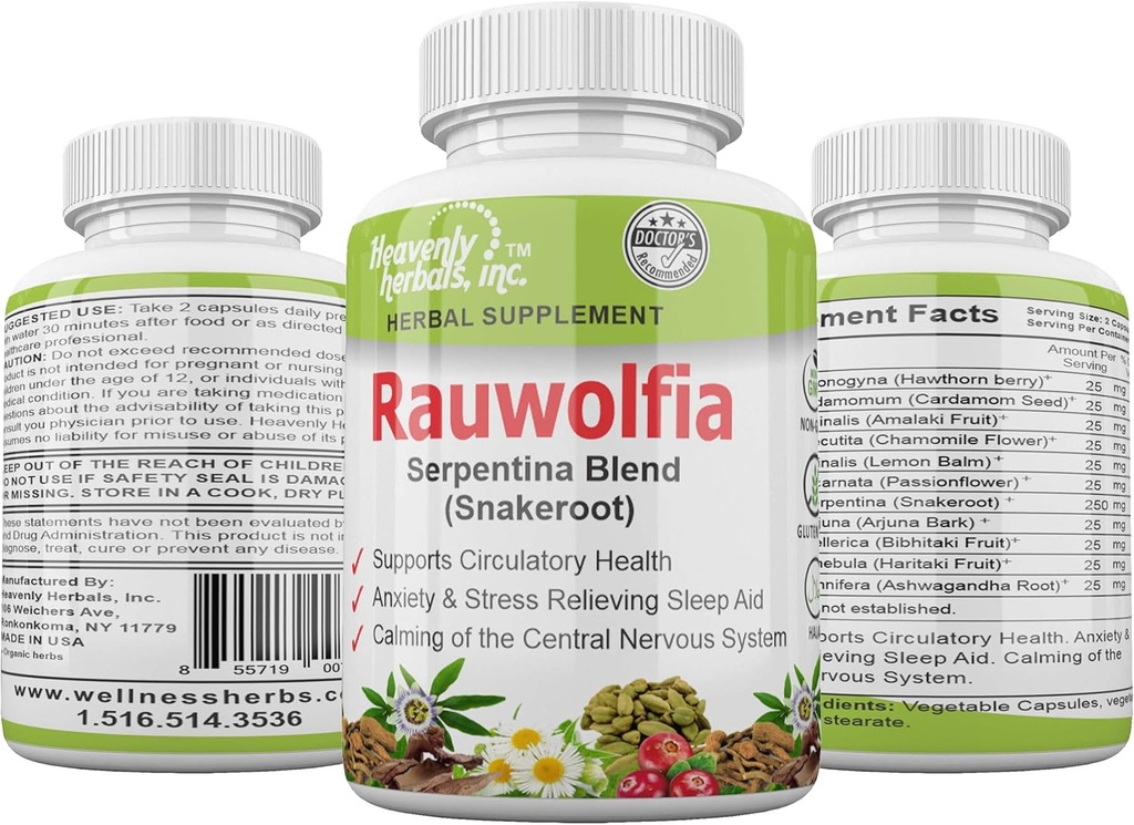 Rauwolfia Serpentina Blend (Snakeroot), 1000mg par portion - Supplément à base de plantes biologiques - Herbe ayurvédique et remède naturel - Soutient la santé circulatoire, Aide à la santé cardiovasculaire– 60 Ct.