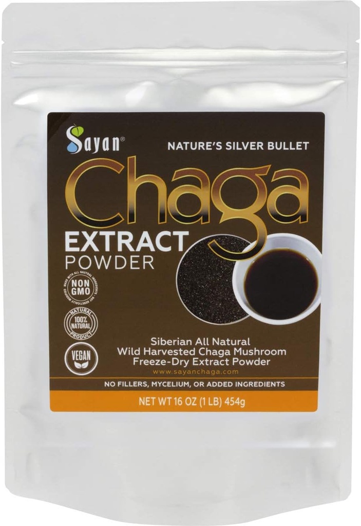 Sayan Chaga Poudre d'extrait de champignons (1 Lb) – Congélateur séché en Sibérie sauvage récolté - Thé antioxydant biologique pour l'immuno-digestion - Focus, énergie, clarté, bien-être - Pas d'additifs