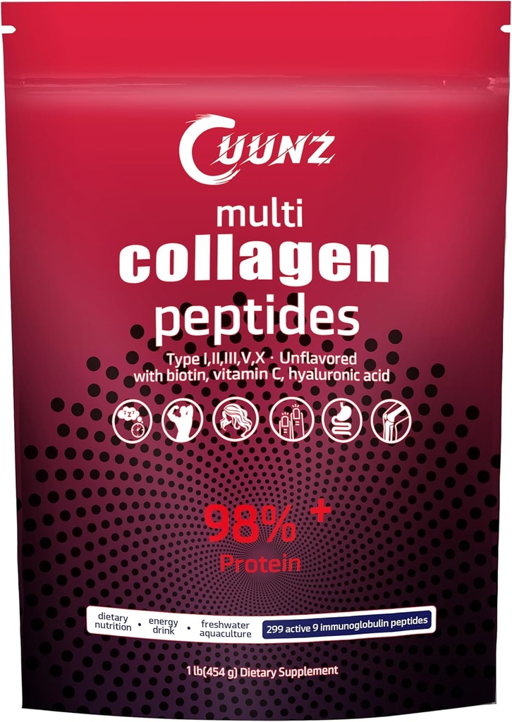 Poudre de protéines multicollagènes - Type I,II,III,V,X avec biotine, acide hyaluronique, vitamine C - Suppléments de peptides de collagène non aromatisés(Peptides multicollagènes 1lb)