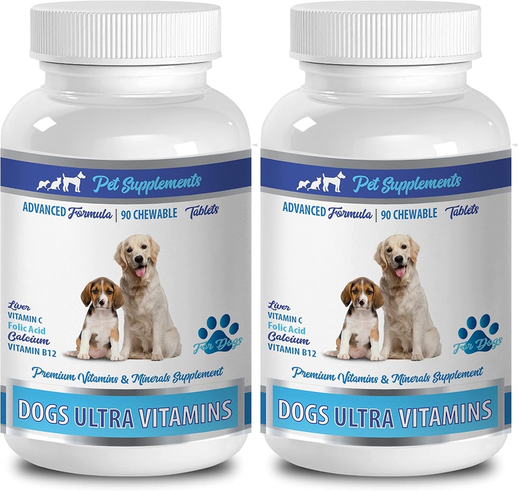 Minéraux pour chiens - Vitamines ultra pour chiens - Minéraux - NUTRIENTS essentiels - Premium et naturel - Supplément énergie pour chiens - 2 bouteilles (180 Chews)