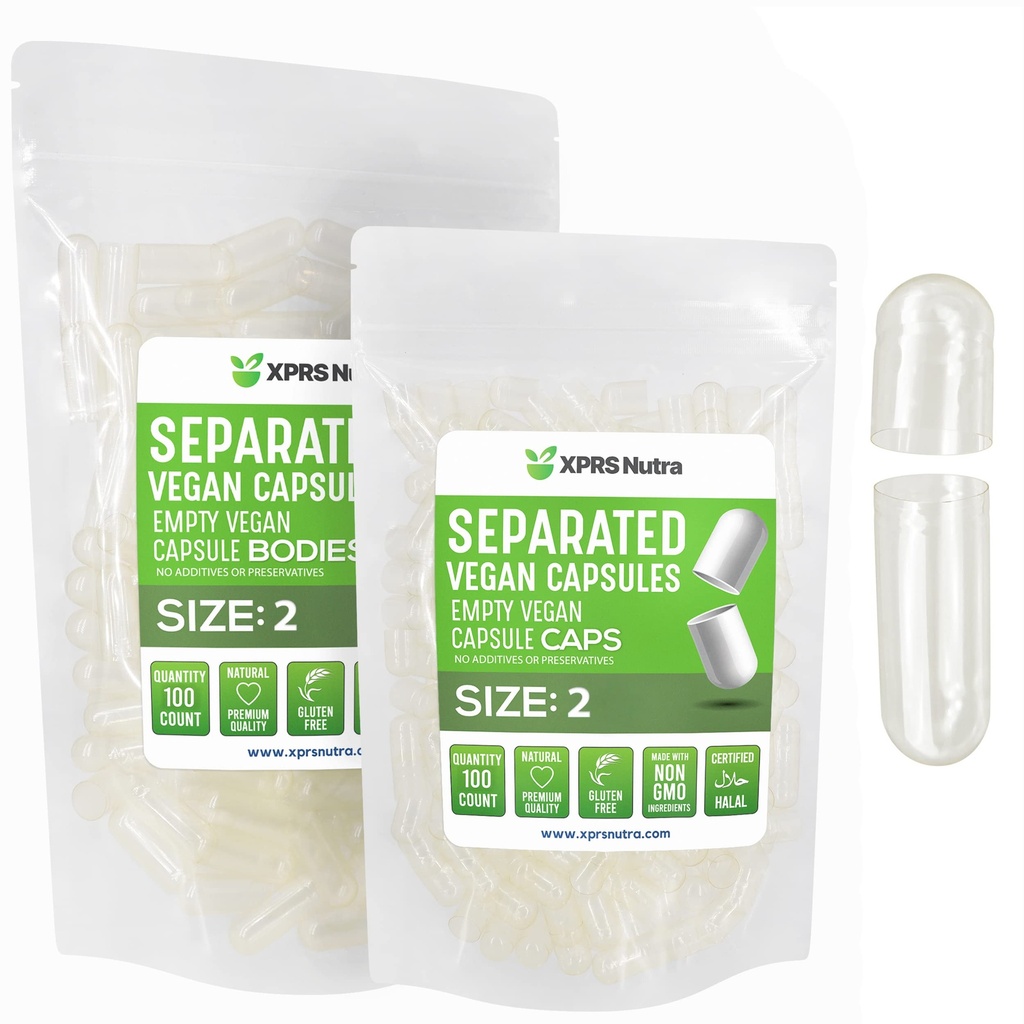 XPRS Nutra Vegan Taille 2 Capsules séparées - 100 Compte Capsules vides Premium Séparées dans des sacs - Effacer les pilules vides pour le remplissage supplémentaire de bricolage