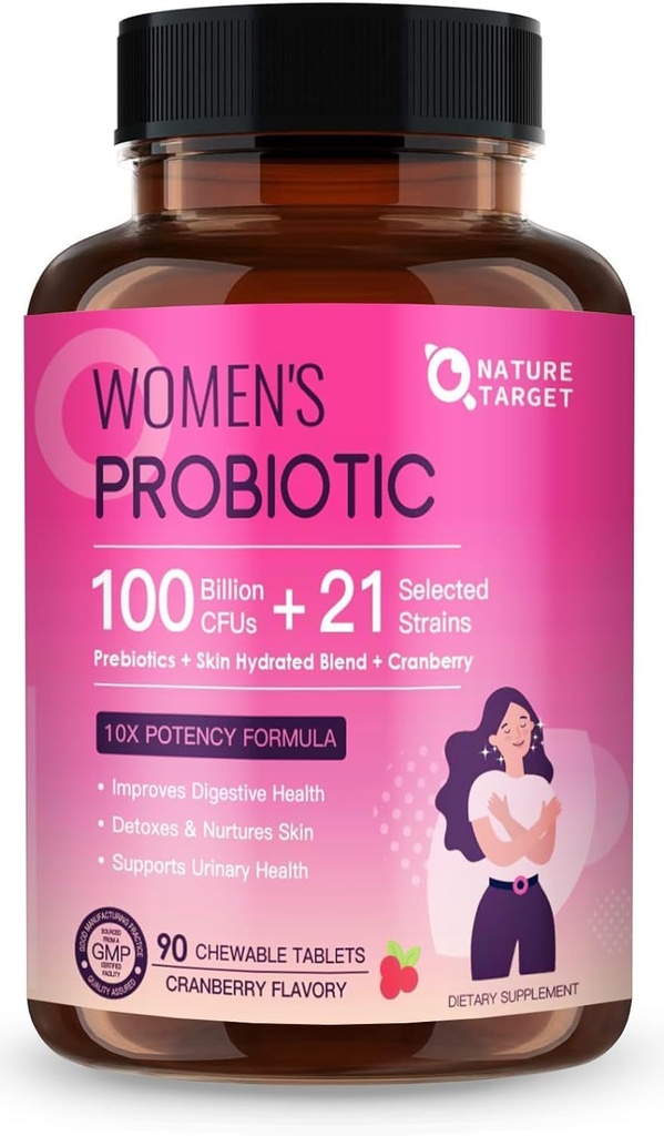 NATURE TARGET Probiotiques pour les femmes en santé digestive avec 100 milliards d'UFC, probiotiques pour la santé de Gut et le soutien immunitaire, soins de la peau, avec canneberge et D-mannose, 90 comprimés à croquer (45 jours d'approvisionnement)