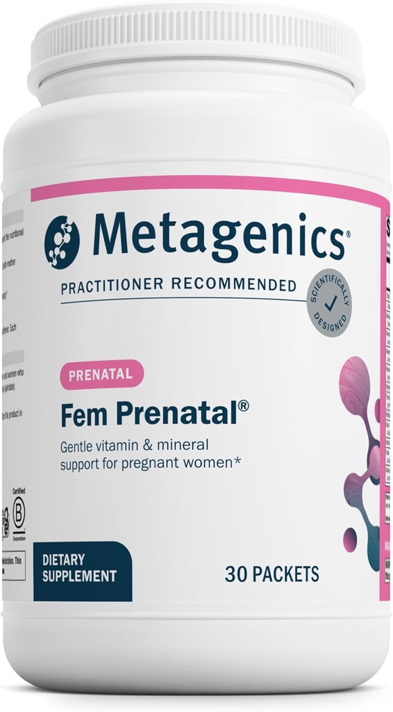 Métagène Fem Prénatal - Supplément Vitamine et Minéraux prénatals* - Prénatals pour les femmes* - avec vitamine C, iode et biotine - Multivitamines douces au système - 30 paquets