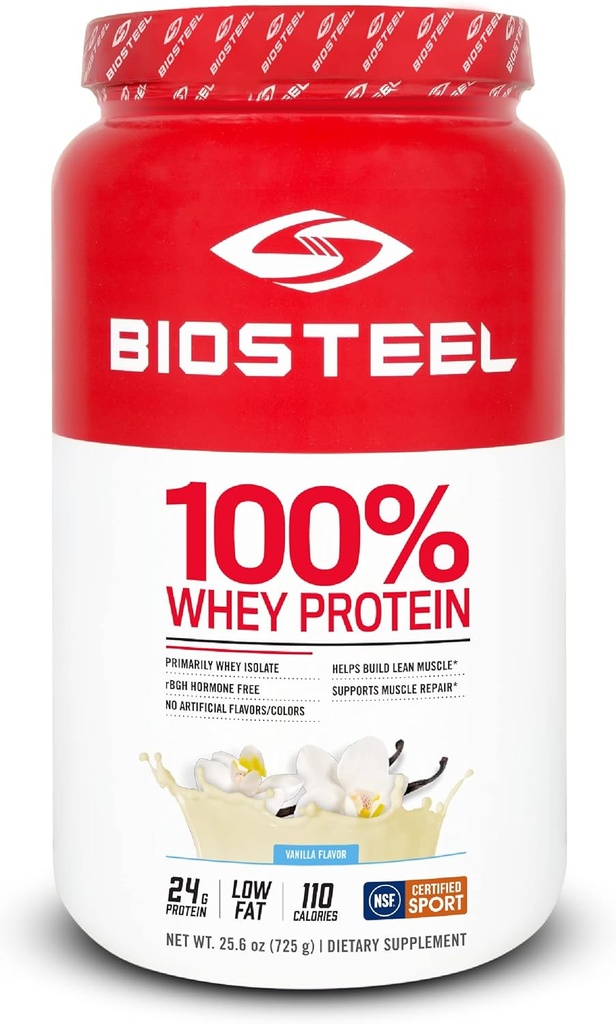BIOSTEEL 100% supplément de poudre de protéines de lactosérum, sans hormones rBGH et sans OGM après l'entraînement, Vanille, 25 portions