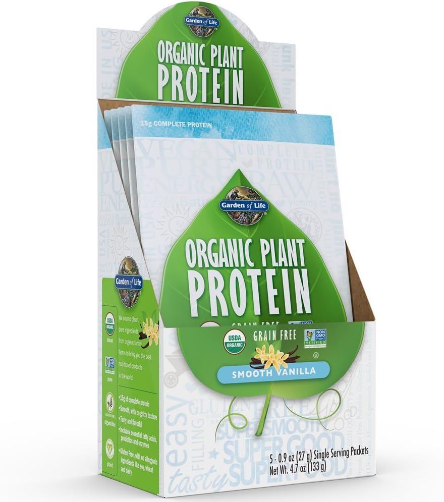 Jardin de la vie Protéines végétales organiques Poudre de vanille lisse - Paquets à portion unique (5-Pack) - Protéines végétales, sans grains et sans gluten Agiter avec 1B CFU probiotiques et enzymes, 15g de protéines