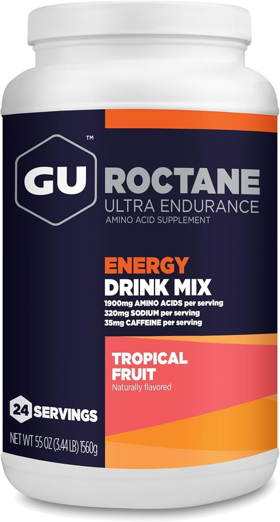 GU Energy Roctane Ultra Endurance Energy Drink Mix, végétalien, sans gluten, casher, 35mg de caféine, et sans lait, énergie n-the-Go pour n'importe quelle séance d'entraînement, 3,44-Jarre de pression, fruits tropicaux