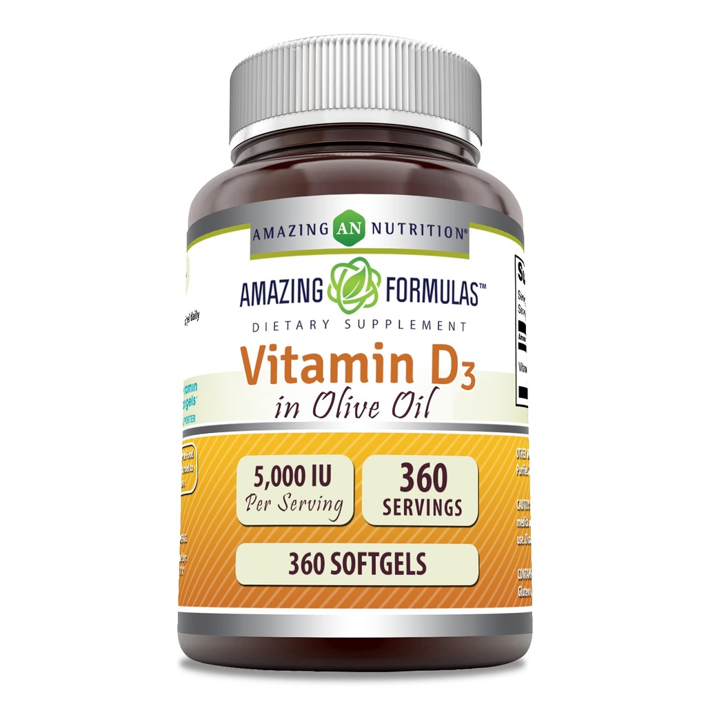 Formules étonnantes Vitamine D3 dans l'huile d'olive 5000 UI Supplément softgels $ Non-GMO $ Sans gluten $ Fabriqué aux États-Unis (1 Pack $ 360 Count)