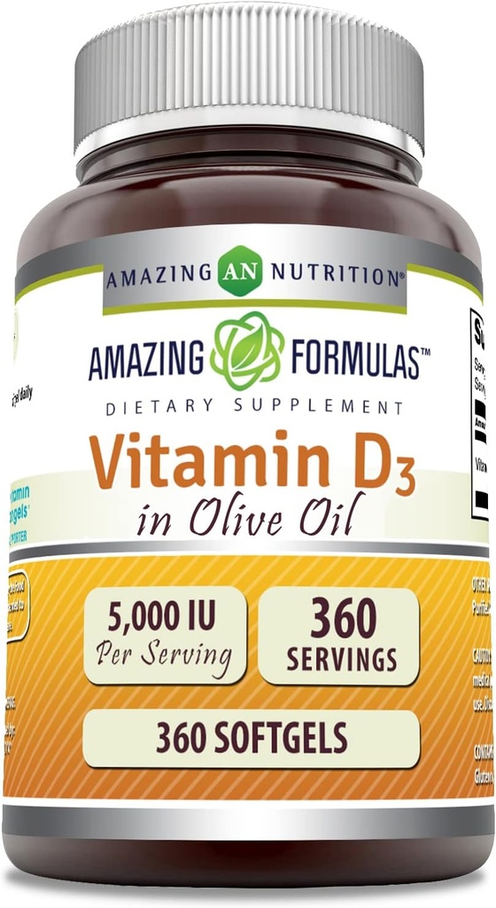 Formules étonnantes Vitamine D3 dans l'huile d'olive 5000 UI Supplément softgels $ Non-GMO $ Sans gluten $ Fabriqué aux États-Unis (1 Pack $ 360 Count)