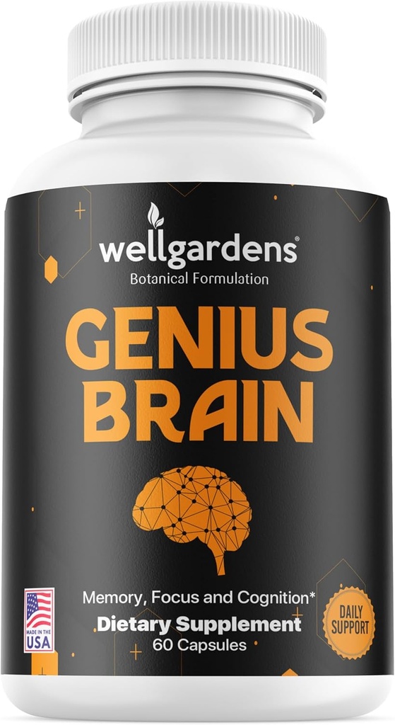 Suppléments Cerveau 100% pur pour mémoire, focus et cognition - Soutien quotidien pour la clarté mentale avec Bacopa, Magnésium, Vitamines B6, Phosphatidylsérine - Non-OGM, Sans gluten
